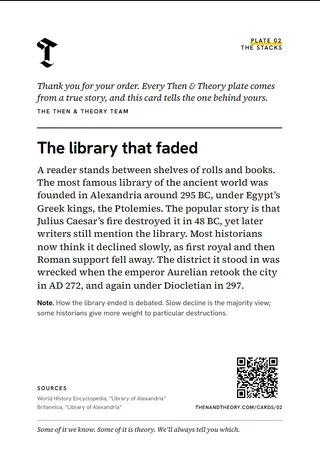 The back of the story card: “The library that faded”, the story, sources and a code.