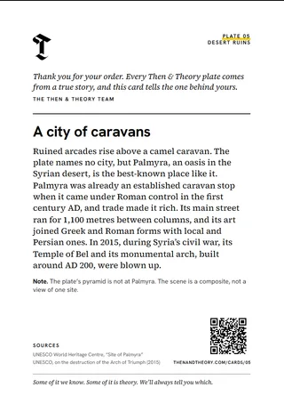 The back of the story card: “A city of caravans”, the story, sources and a code.