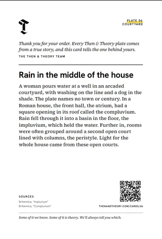 The back of the story card: “Rain in the middle of the house”, the story, sources and a code.