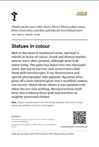 The back of the story card: “Statues in colour”, the story, sources and a code.