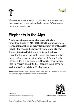The back of the story card: “Elephants in the Alps”, the story, sources and a code.