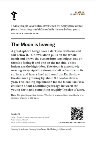 The back of the story card: “The Moon is leaving”, the story, sources and a code.