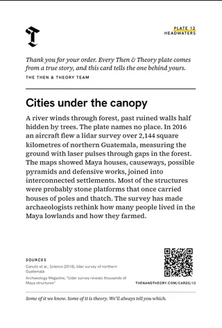 The back of the story card: “Cities under the canopy”, the story, sources and a code.
