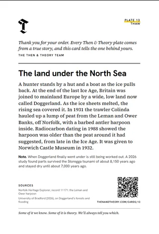 The back of the story card: “The land under the North Sea”, the story, sources and a code.