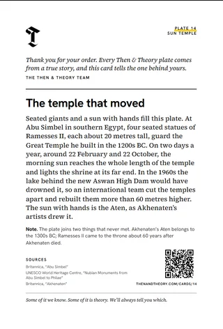 The back of the story card: “The temple that moved”, the story, sources and a code.