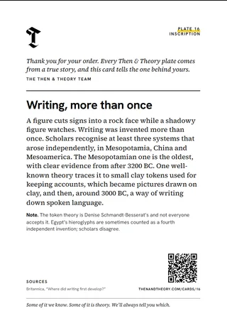 The back of the story card: “Writing, more than once”, the story, sources and a code.