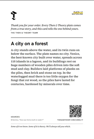 The back of the story card: “A city on a forest”, the story, sources and a code.