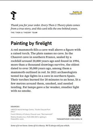 The back of the story card: “Painting by firelight”, the story, sources and a code.