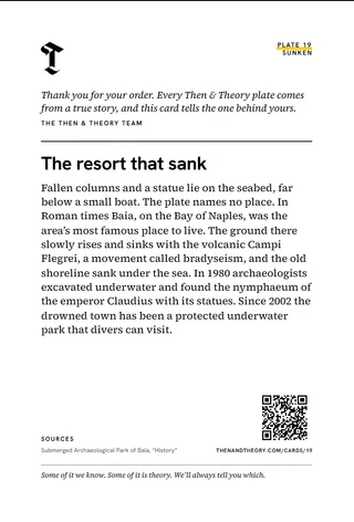 The back of the story card: “The resort that sank”, the story, sources and a code.