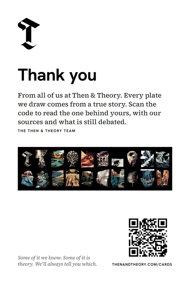 The thank-you card: “Thank you” from the Then & Theory team, the twenty plates in a strip, and a code that opens the story cards.