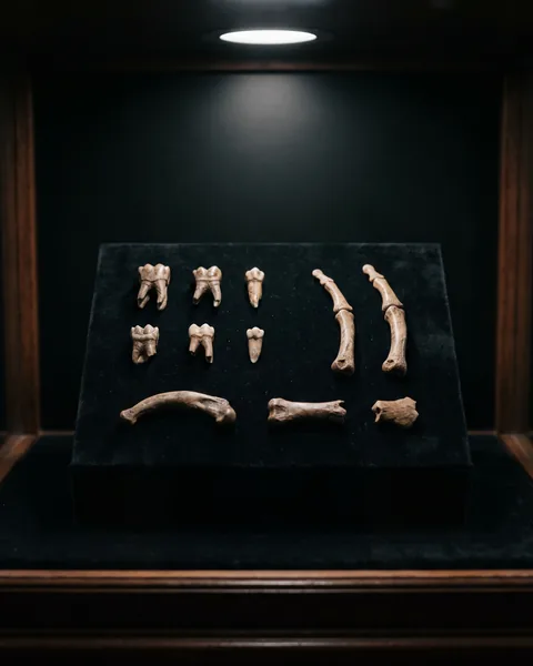 Generated still life of small teeth and finger and toe bones, like those found in Callao Cave.