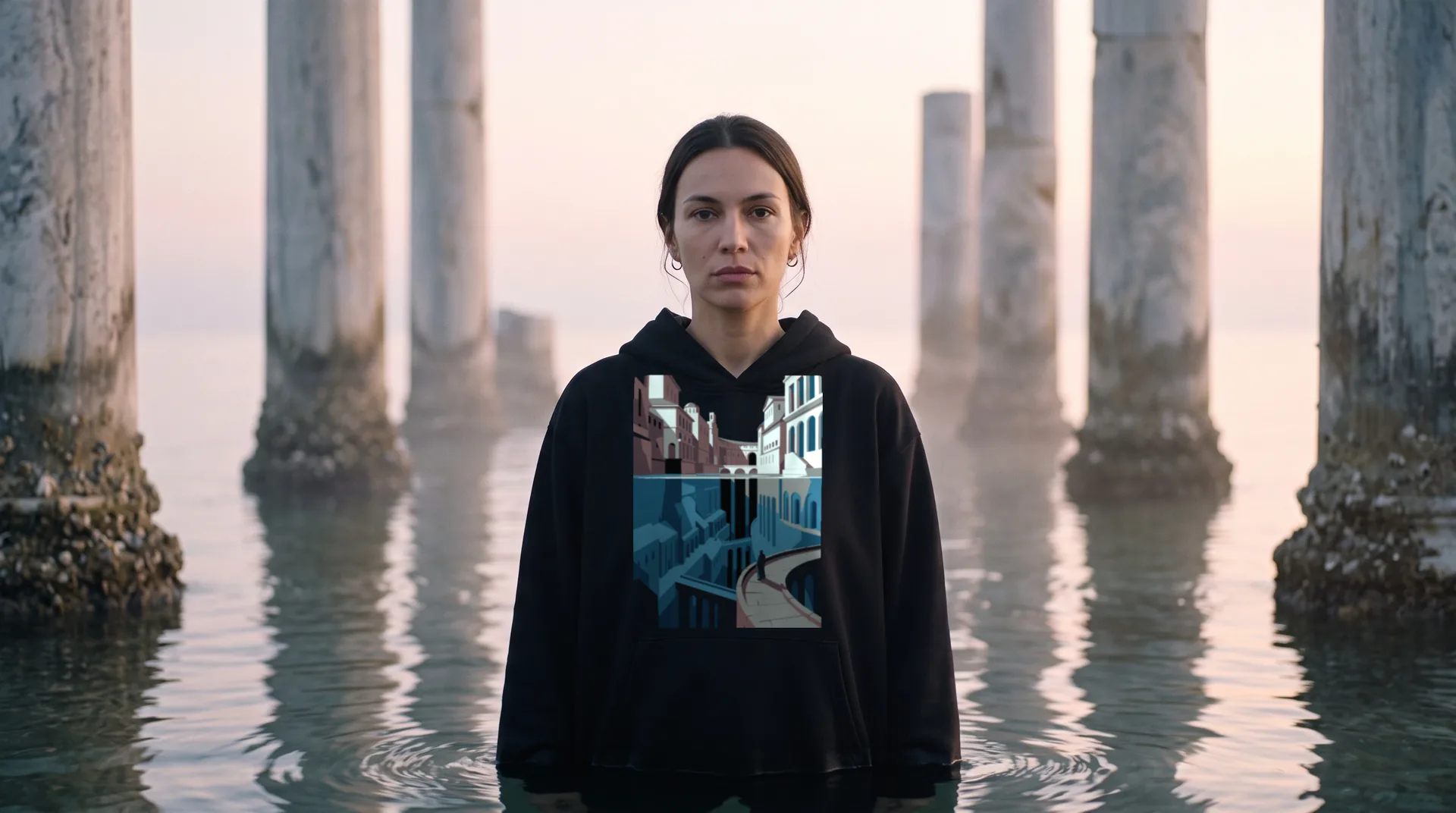 Waterline Hoodie, worn in the shop's lookbook: a drowned city at dawn.