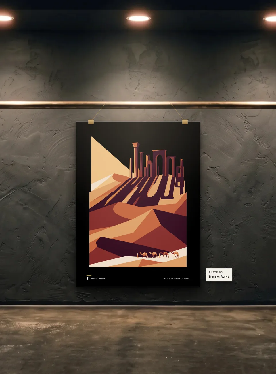 Desert Ruins Poster: the unframed print of plate 05, Desert Ruins, clipped to a gallery wall under a spotlight.