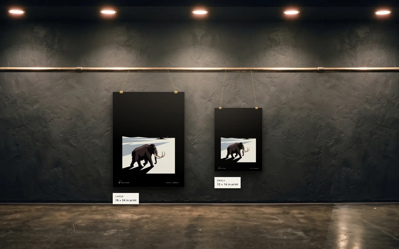 The two sizes to scale on the same wall: an 18 × 24 in print beside a 12 × 16 in print of plate 07, Mammoth.