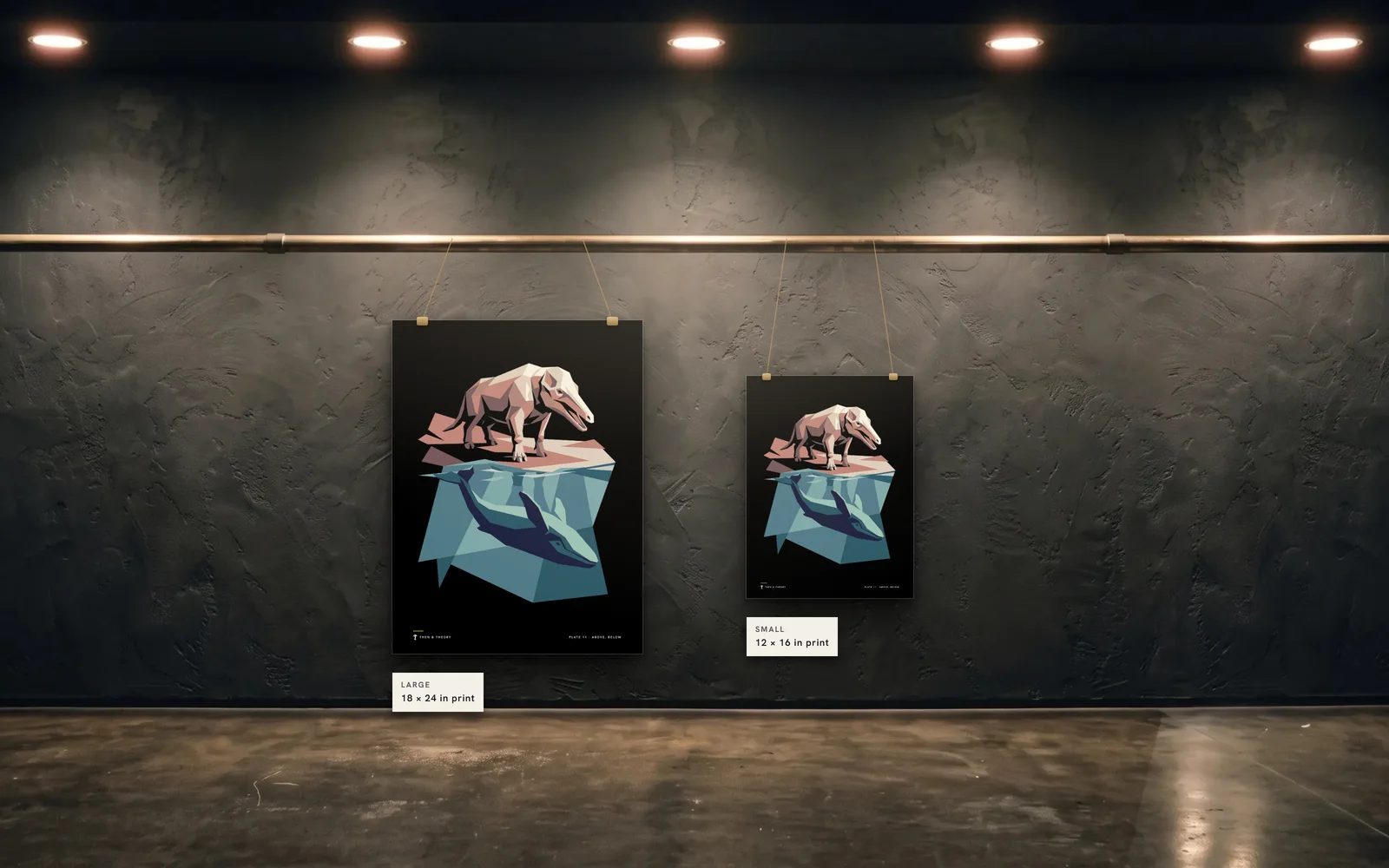 The two sizes to scale on the same wall: an 18 × 24 in print beside a 12 × 16 in print of plate 11, Above, Below.