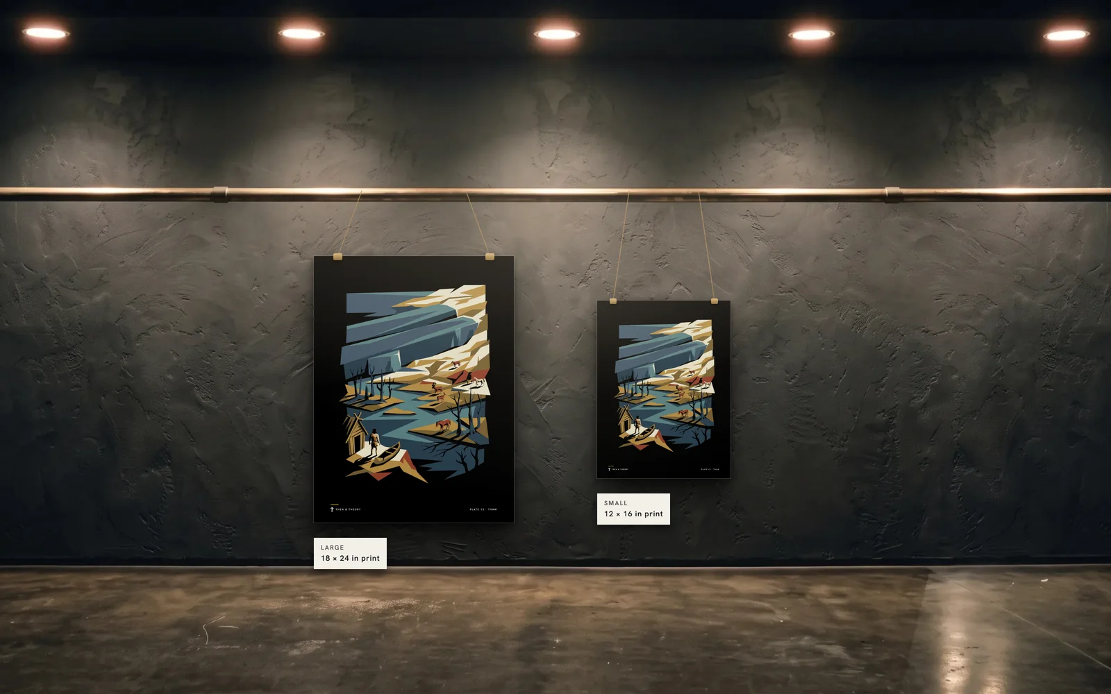 The two sizes to scale on the same wall: an 18 × 24 in print beside a 12 × 16 in print of plate 13, Thaw.