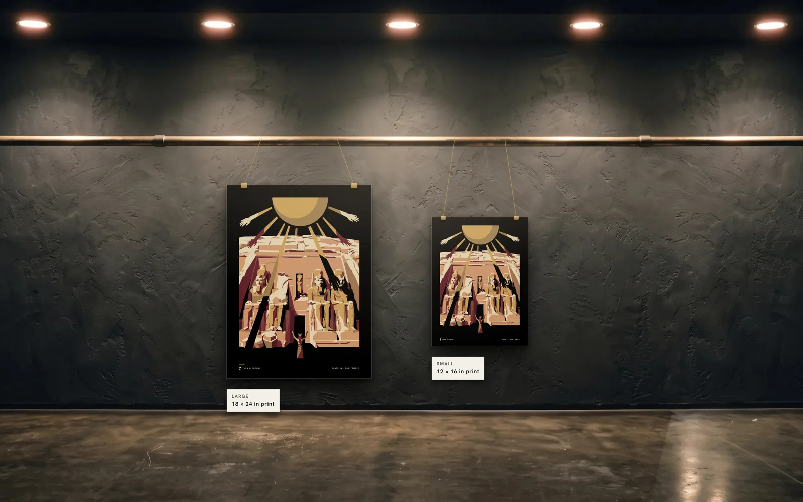 The two sizes to scale on the same wall: an 18 × 24 in print beside a 12 × 16 in print of plate 14, Sun Temple.
