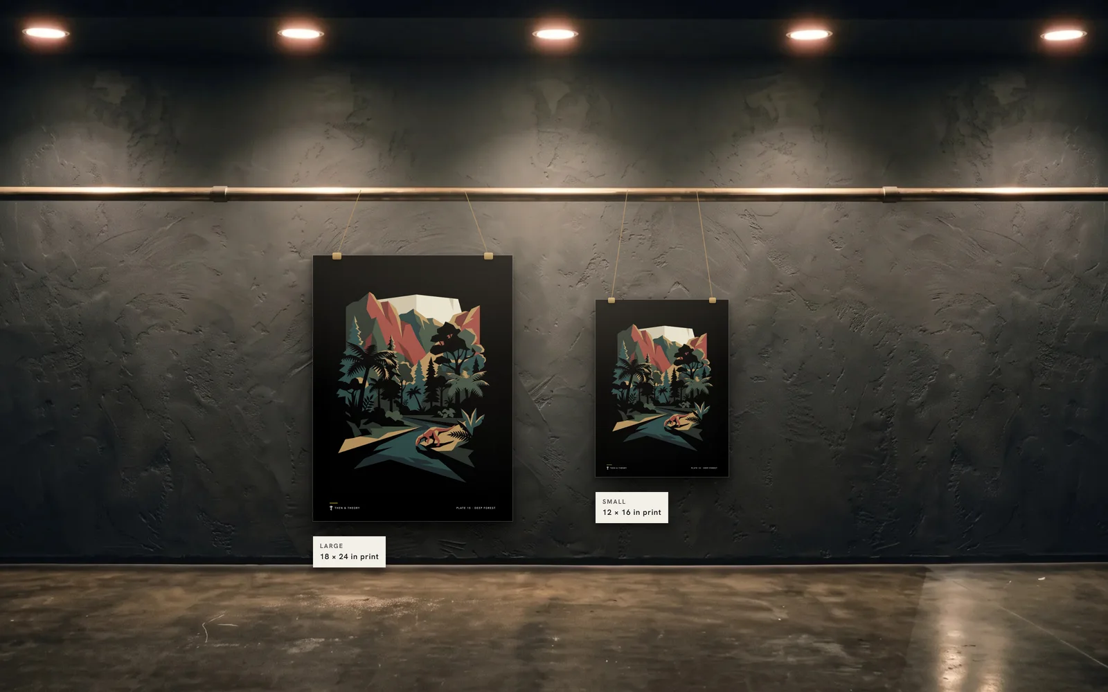 The two sizes to scale on the same wall: an 18 × 24 in print beside a 12 × 16 in print of plate 15, Deep Forest.