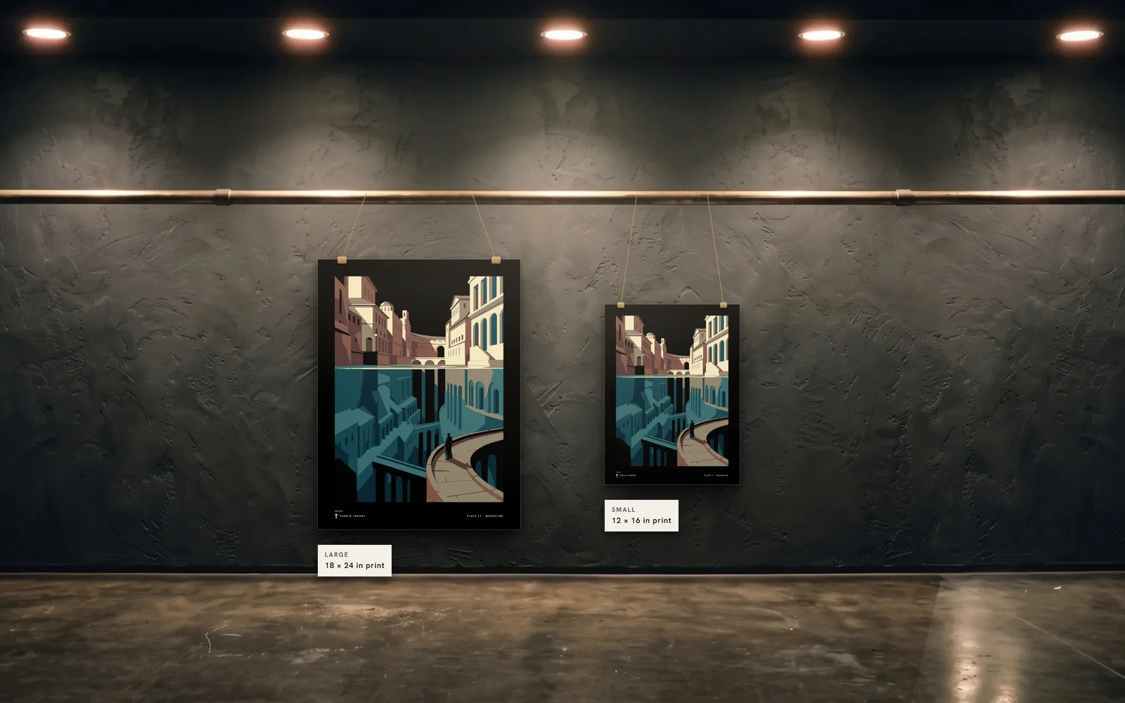 The two sizes to scale on the same wall: an 18 × 24 in print beside a 12 × 16 in print of plate 17, Waterline.