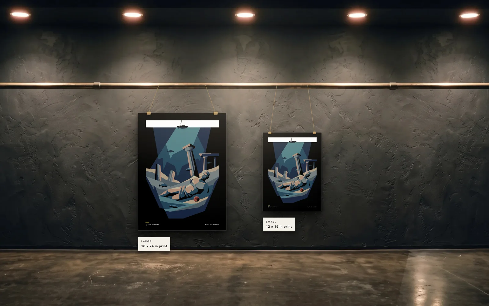 The two sizes to scale on the same wall: an 18 × 24 in print beside a 12 × 16 in print of plate 19, Sunken.