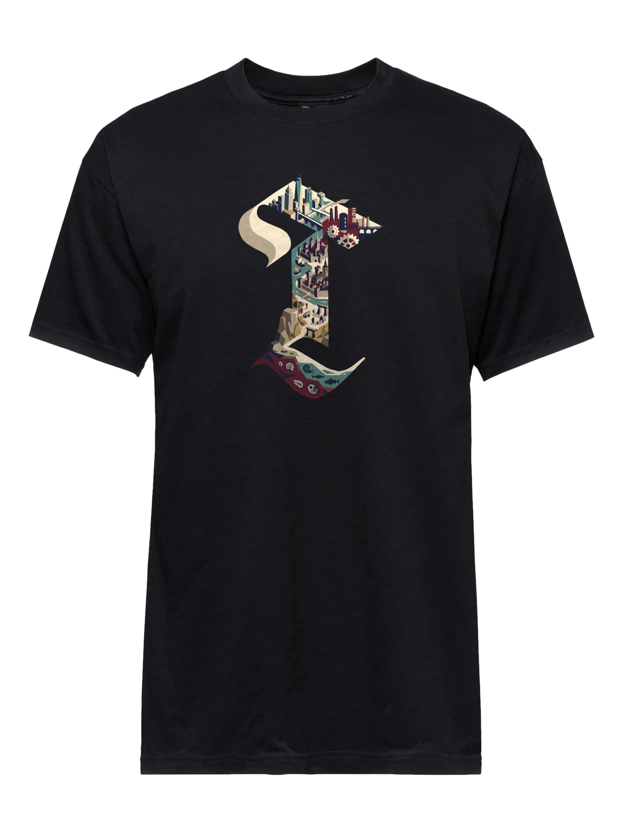 T-shirt in black with plate 01, The Letter T, printed on the front.