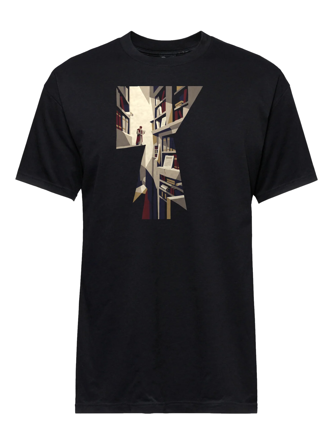 T-shirt in black with plate 02, The Stacks, printed on the front.