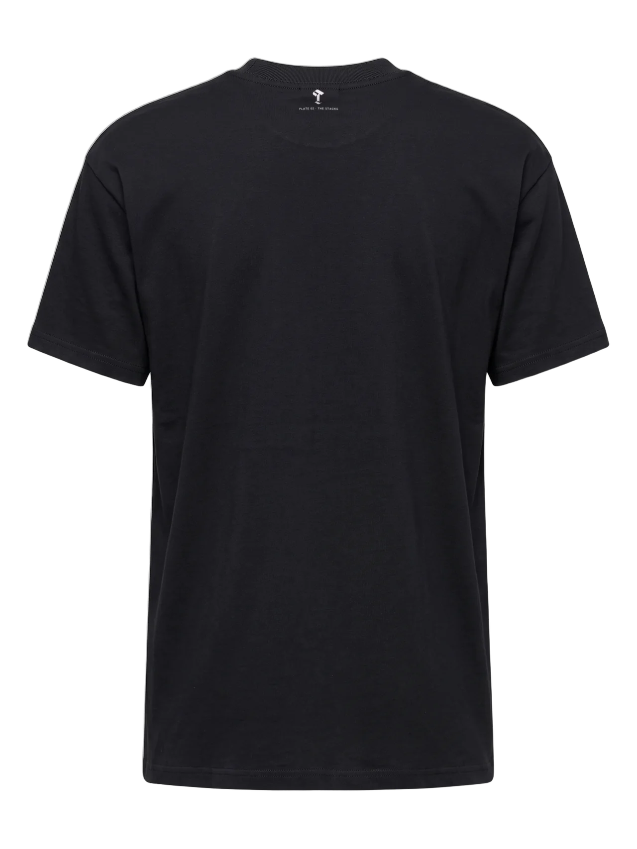 Back of the t-shirt: the Then & Theory T and "Plate 02 · The Stacks" printed small below the collar.