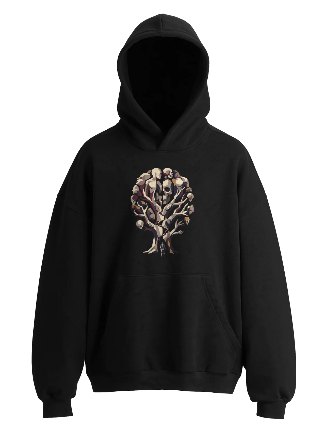 Hoodie in black with plate 04, Bone Tree, printed on the front.