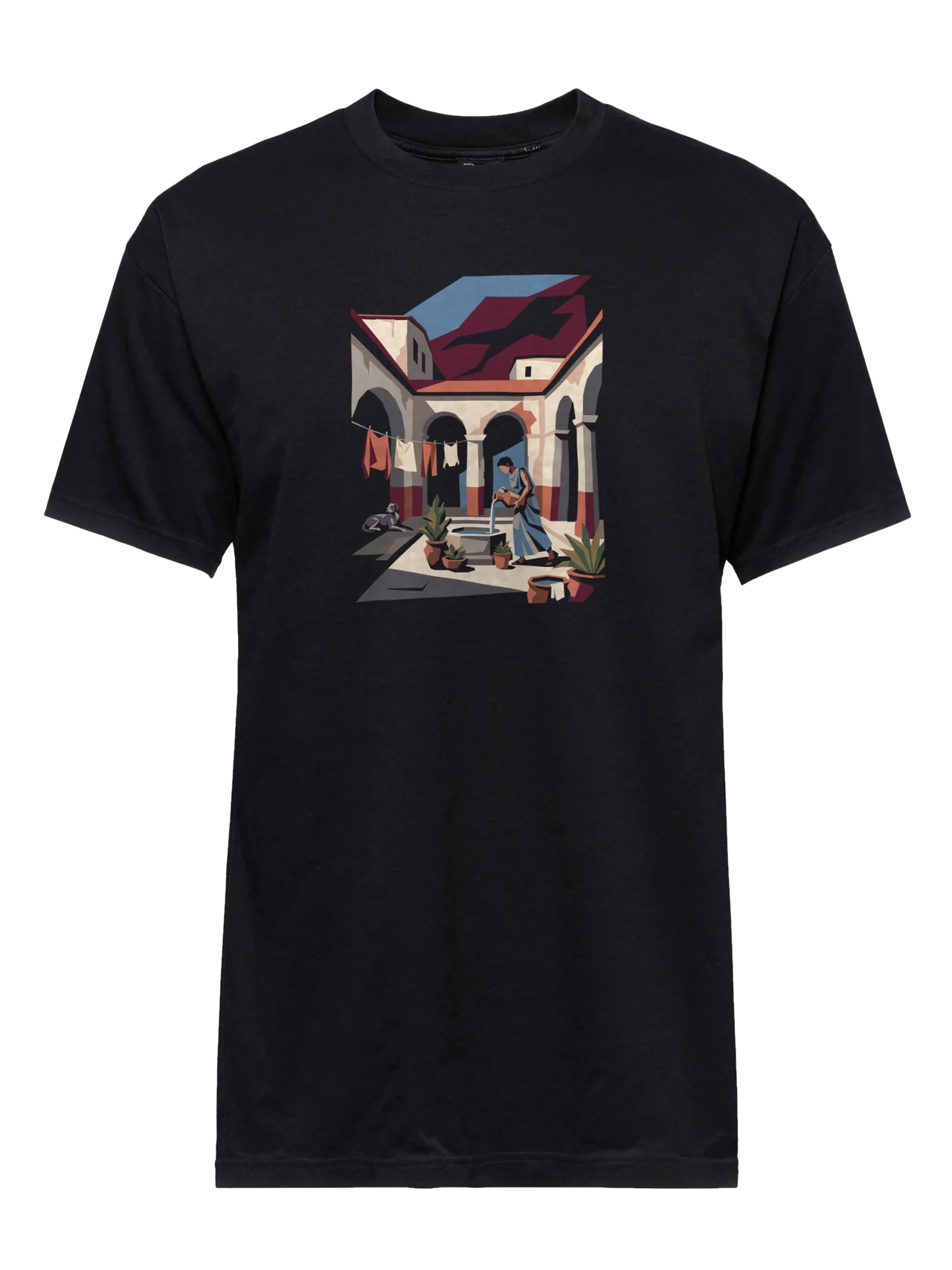 T-shirt in black with plate 06, Courtyard, printed on the front.