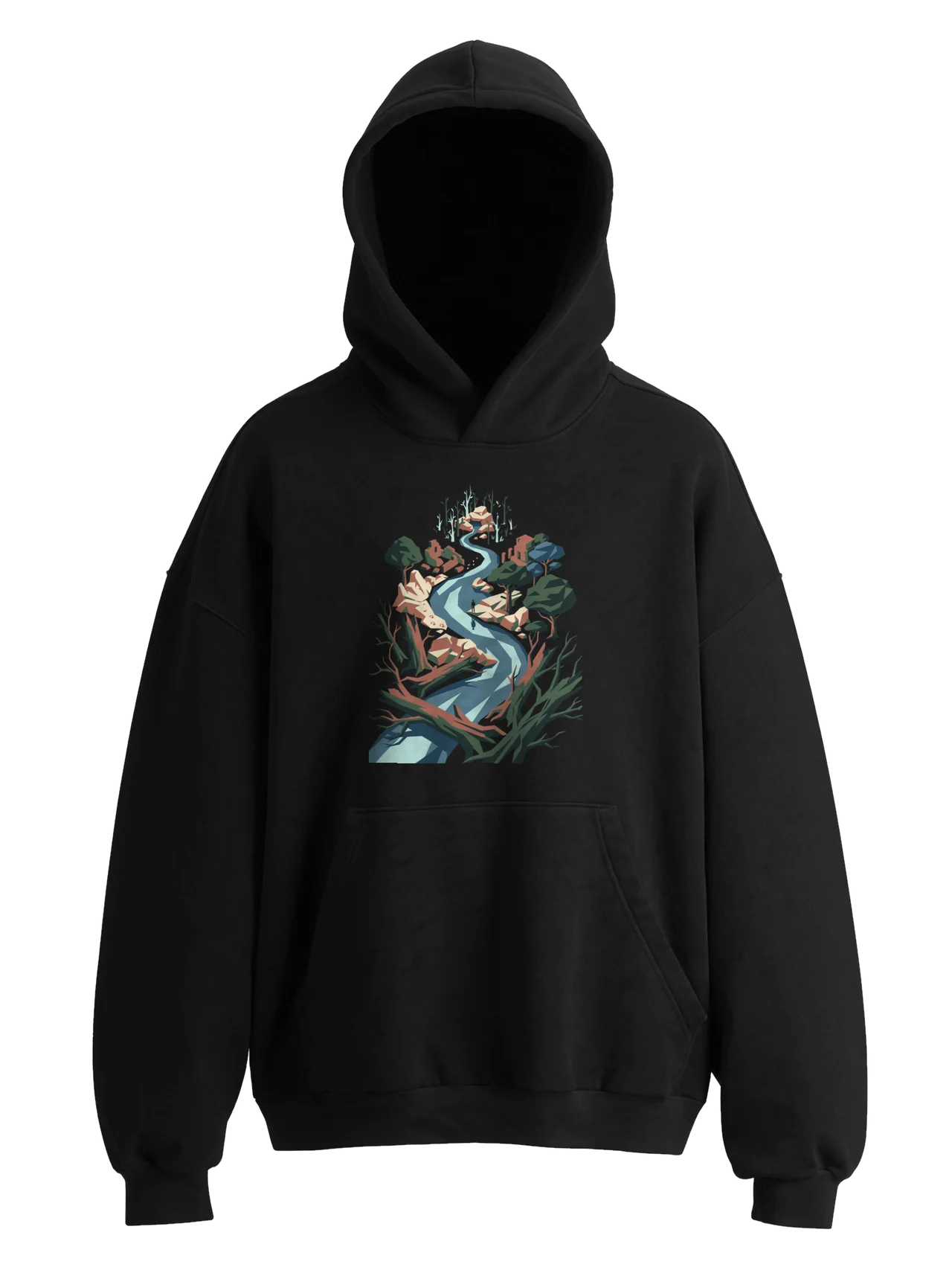 Hoodie in black with plate 12, Headwaters, printed on the front.