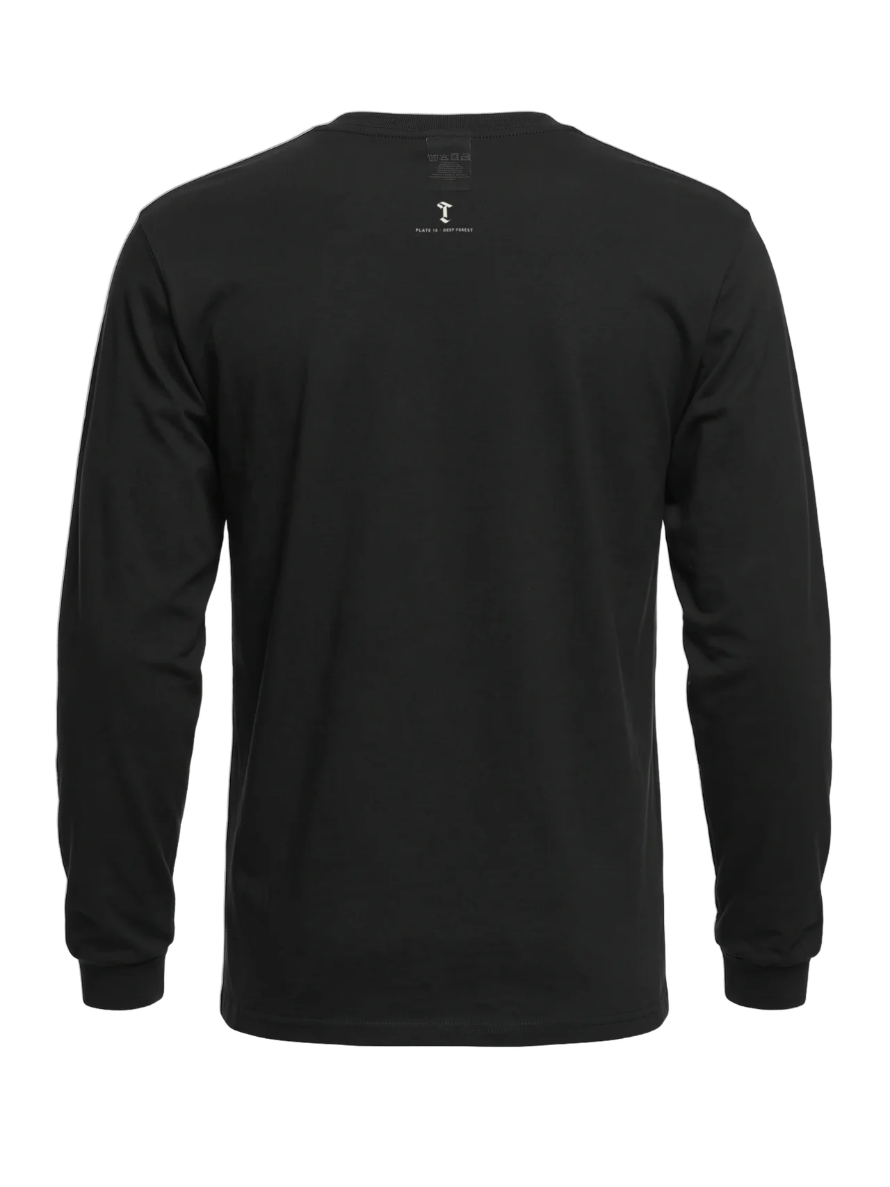 Back of the long sleeve: the Then & Theory T and "Plate 15 · Deep Forest" printed small below the collar.