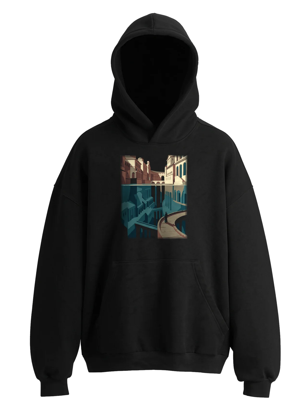 Hoodie in black with plate 17, Waterline, printed on the front.