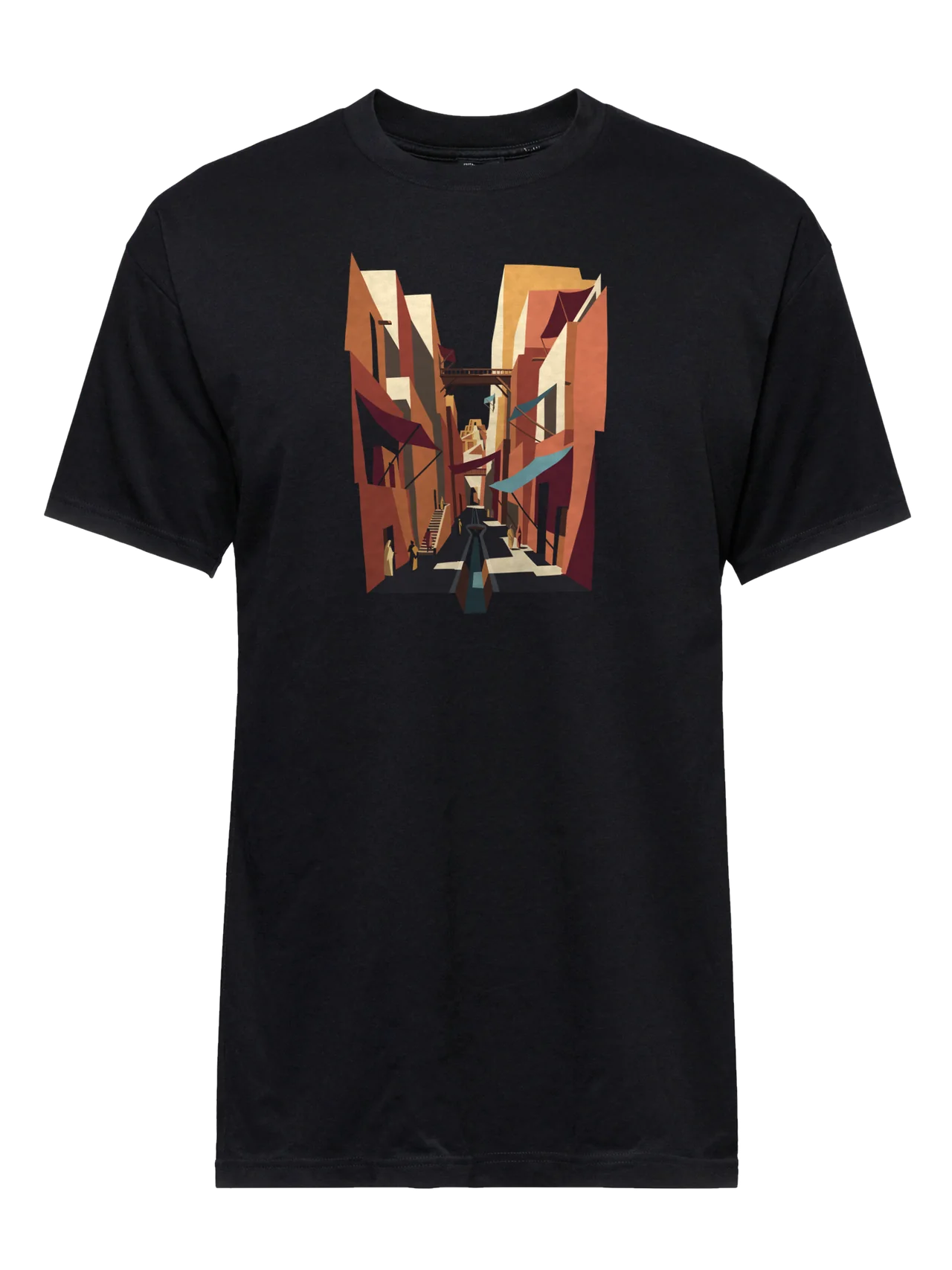 T-shirt in black with plate 20, Narrow Street, printed on the front.